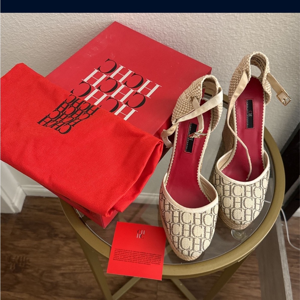 Carolina Herrera Beige CH Logo Espadrille Wedges with Red Insole